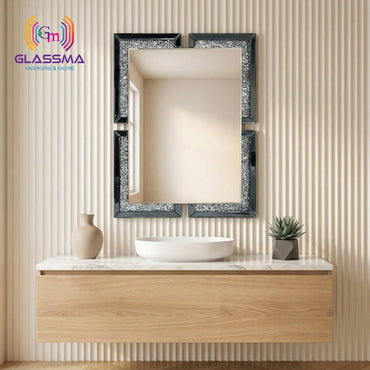 Crystal Diamond Rectangular Wall Mirror | Decorative Gun Metal Frame Vanity Mirror for Bathroom