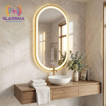 Front-Lit Oval Capsule LED Mirror - Gold Frame Bathroom Vanity Mirror - Glassma