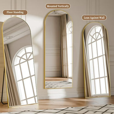 Modern Arch-Top Standing Mirror | Semi-Round Rectangular Golden Aluminum Frame Floor Mirror