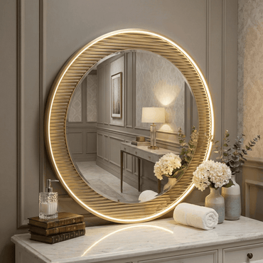 Premium Round LED Wall Mirror - Gold Aluminum Fusion Profile Light Design - Glassma