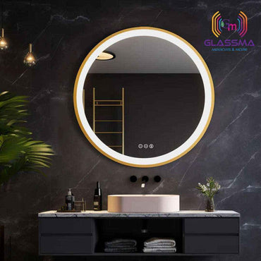 Golden Round LED Bathroom Mirror | Aluminum Frame Front-Lit Vanity Mirror - Glassma