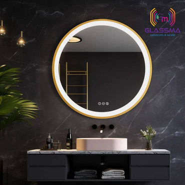 Golden Round LED Bathroom Mirror | Aluminum Frame Front-Lit Vanity Mirror - Glassma