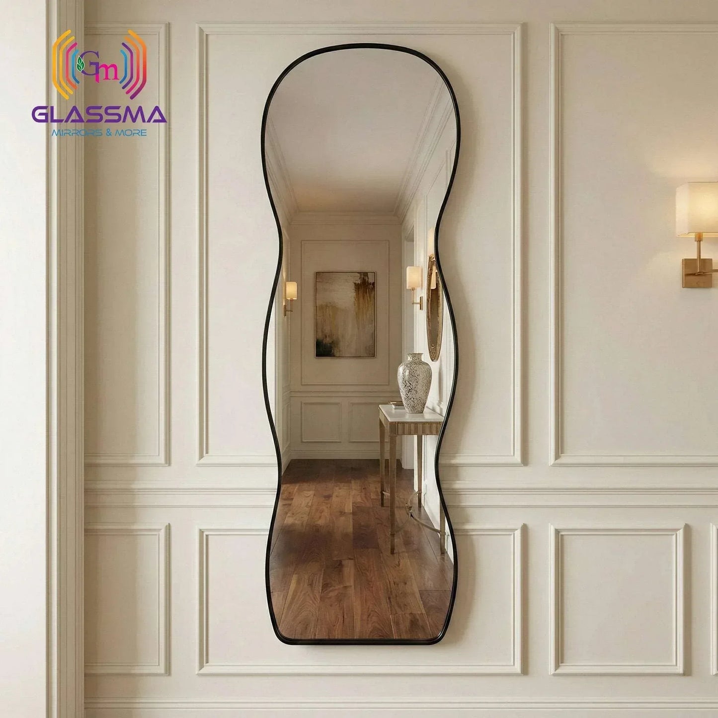 Irregular Aluminum Black Framed Full-Length Mirror - Modern Designer Plain Wall Mirror - Glassma