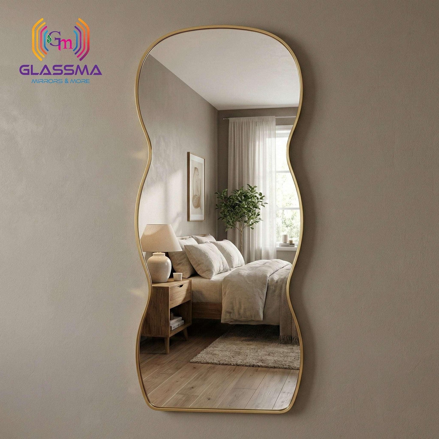 Irregular Aluminum Golden Framed Full-Length Mirror - Modern Designer Plain Wall Mirror - Glassma