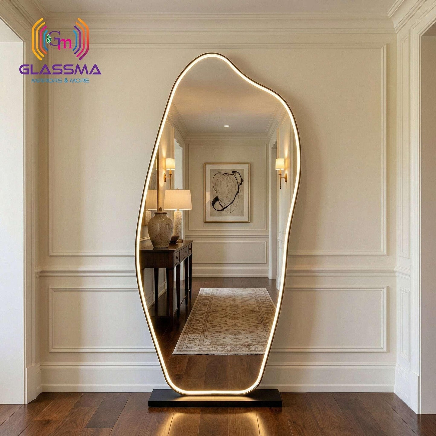 Irregular Full-Length LED Standing Mirror - Golden Aluminum Framed with Heavy Stand - Glassma