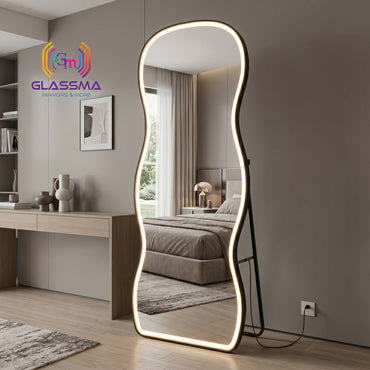 Irregular Aluminum Black Framed Full-Length LED Mirror - Modern Designer Plain Wall Mirror