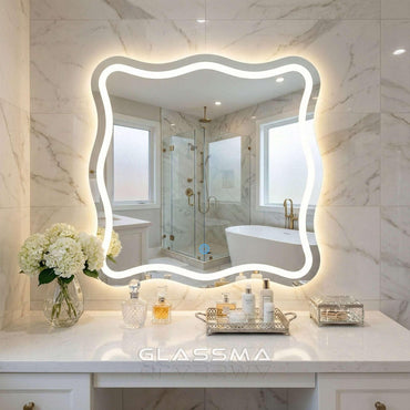 Irregular Wavy LED Wall Mirror, Front & Backlit Mirror with Dimmable One Touch - Glassma