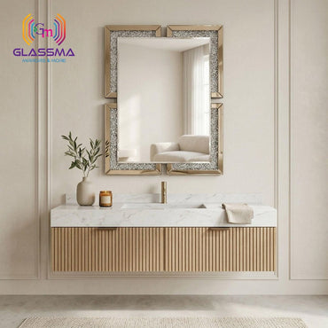 Crystal Diamond Rectangular Wall Mirror | Decorative Bronze Frame Vanity Mirror for Bathroom