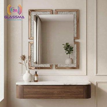 Crystal Diamond Rectangular Wall Mirror | Decorative Copper Frame Vanity Mirror for Bathroom
