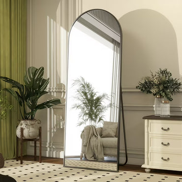 Modern Arch-Top Standing Mirror | Semi-Round Rectangular Black Aluminum Frame Floor Mirror