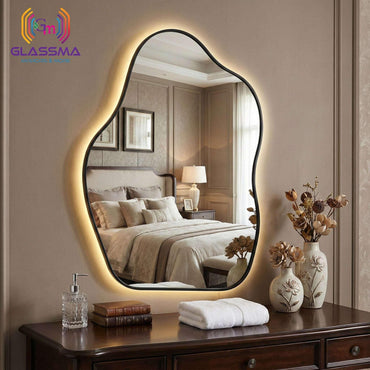 Modern Irregular LED Mirror | Backlit Black Aluminum Frame Bathroom Wall Mirror - Glassma