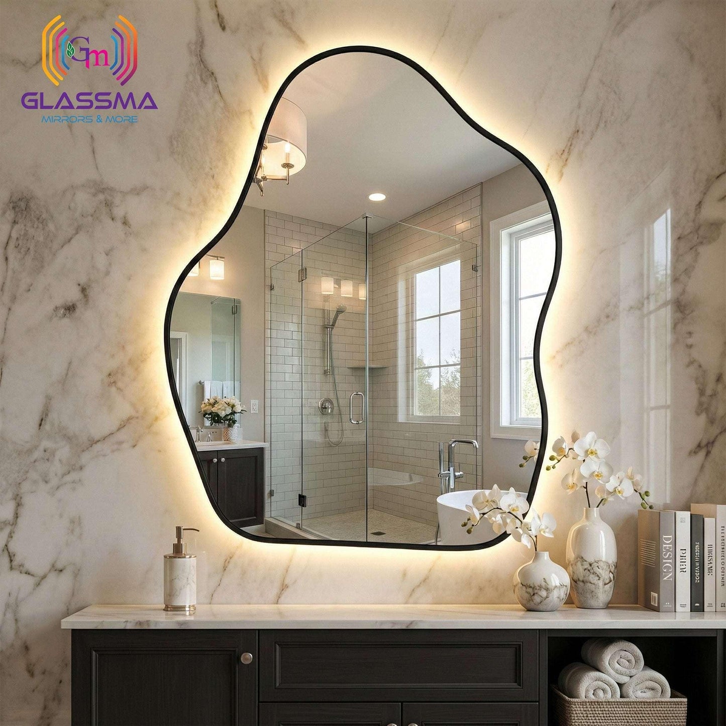 Modern Irregular LED Mirror | Backlit Black Aluminum Frame Bathroom Wall Mirror - Glassma