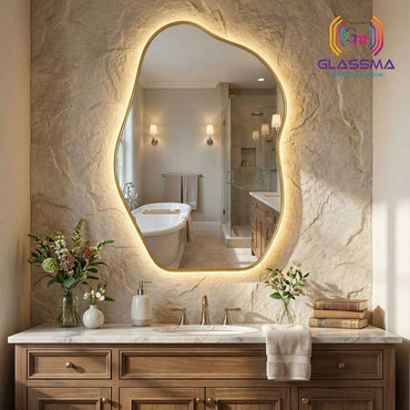Modern Irregular LED Mirror | Backlit Golden Aluminum Frame Bathroom Wall Mirror - Glassma