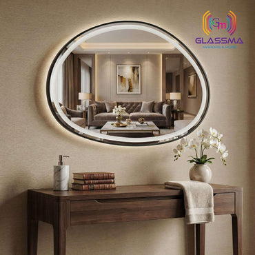 Modern Pebble Shape LED Mirror - Front-Lit Black Frame Bathroom Wall Mirror - Glassma