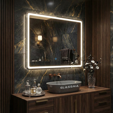 Rectangle LED Wall Mirror - Frameless Backlit Vanity Mirror with Rounded Corners & Touch Sensor Dimmable Lighting