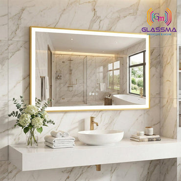 Rectangular Gold LED Bathroom Mirror | Front-Lit Vanity Mirror with Aluminum Frame - Glassma