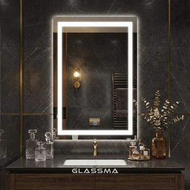 Rectangular LED Bathroom Mirror | Front & Backlit Wall Mounted Vanity Mirror with Dimmable Touch Sensor Glassma