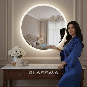 Border Illuminated Round LED Bathroom Mirror | Wall Mounted Dimmable LED Makeup Mirror