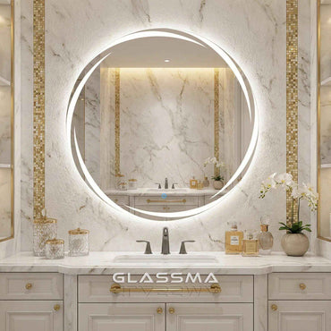 Round LED Bathroom Mirror with Defogger & Dimmable Frosted Whirlwind Design