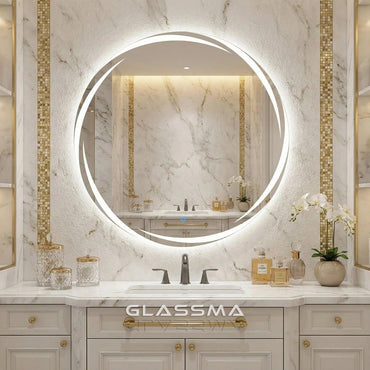 Round LED Bathroom Mirror with Defogger & Dimmable Frosted Whirlwind Design