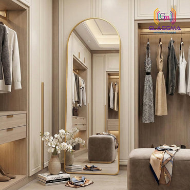 Modern Arch-Top Standing Mirror | Semi-Round Rectangular Golden Aluminum Frame Floor Mirror