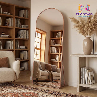 Modern Arch-Top Standing Mirror | Semi-Round Rectangular Rose Gold Aluminum Frame Floor Mirror
