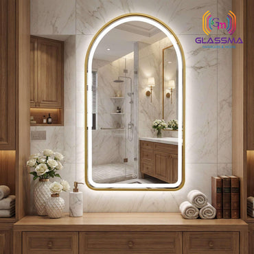Semi-Round LED Dimmable Wall Mirror - Front-Lit Golden Aluminum Frame Vanity Mirror - Glassma