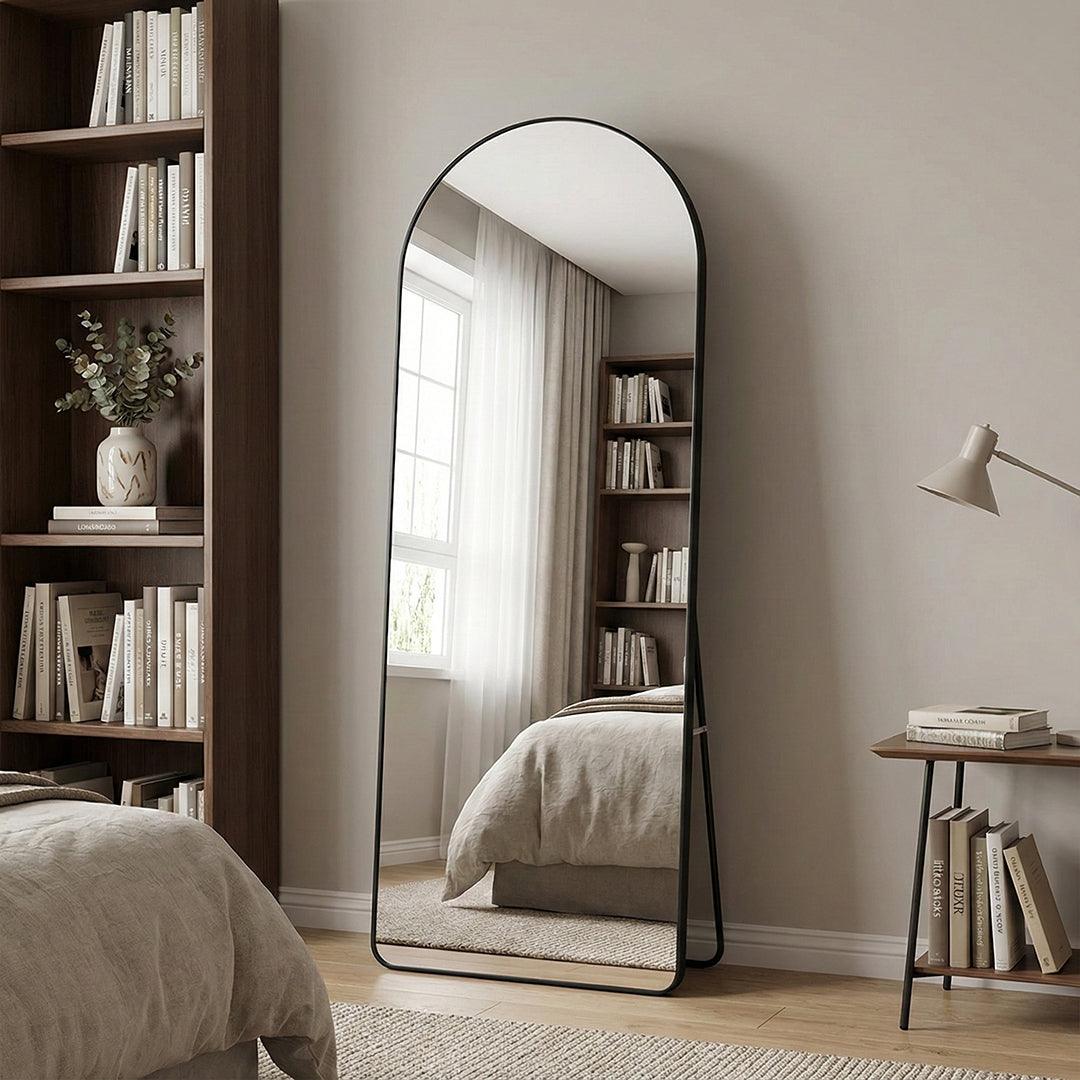 Modern Arch-Top Standing Mirror | Semi-Round Rectangular Black Aluminum Frame Floor Mirror