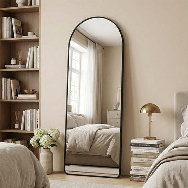 Modern Arch-Top Standing Mirror | Semi-Round Rectangular Black Aluminum Frame Floor Mirror