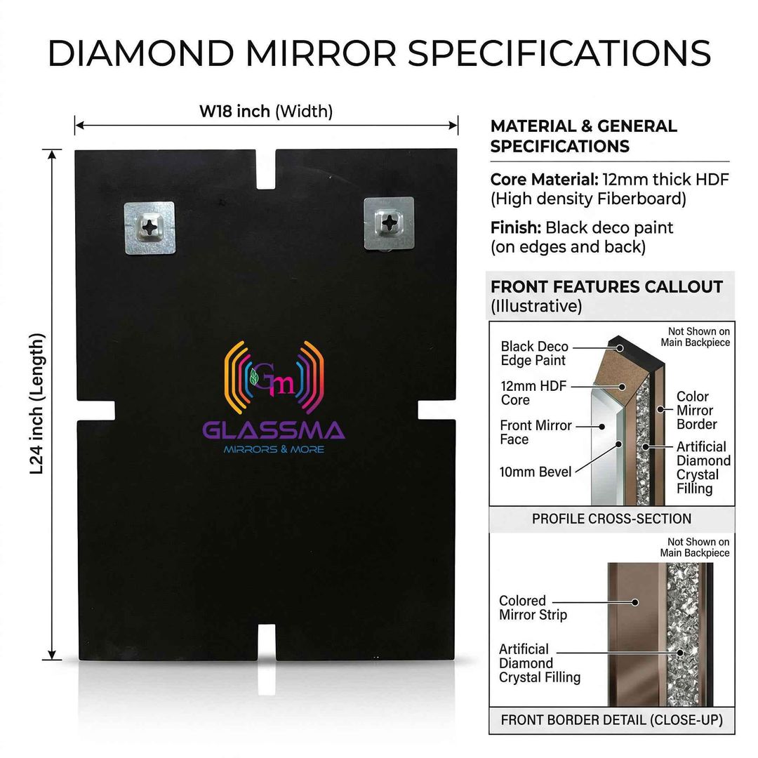 Crystal Diamond Rectangular Wall Mirror | Decorative Copper Frame Vanity Mirror for Bathroom