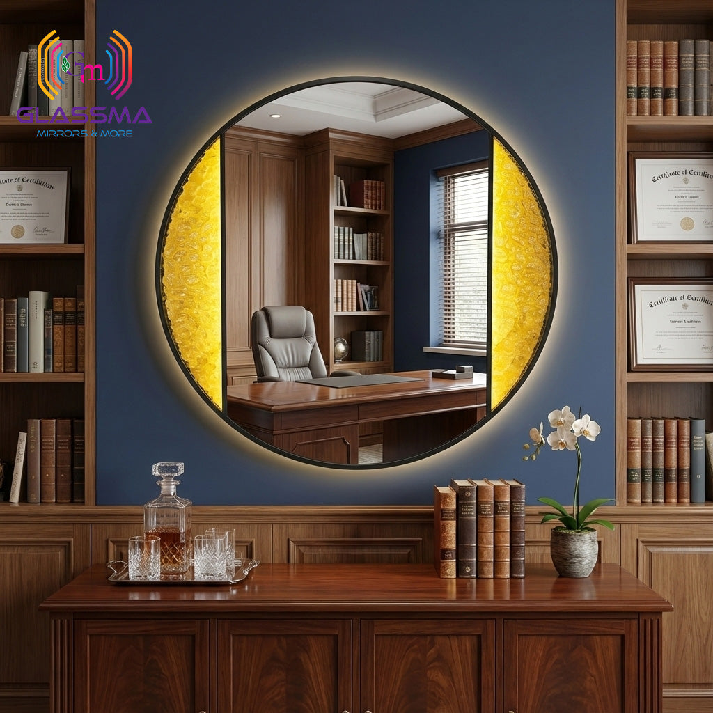 Aluminum Fusion Backlit LED Mirror | Black Round Framed Wall Mirror with Warm Glow for Living Room & Washroom Glassma