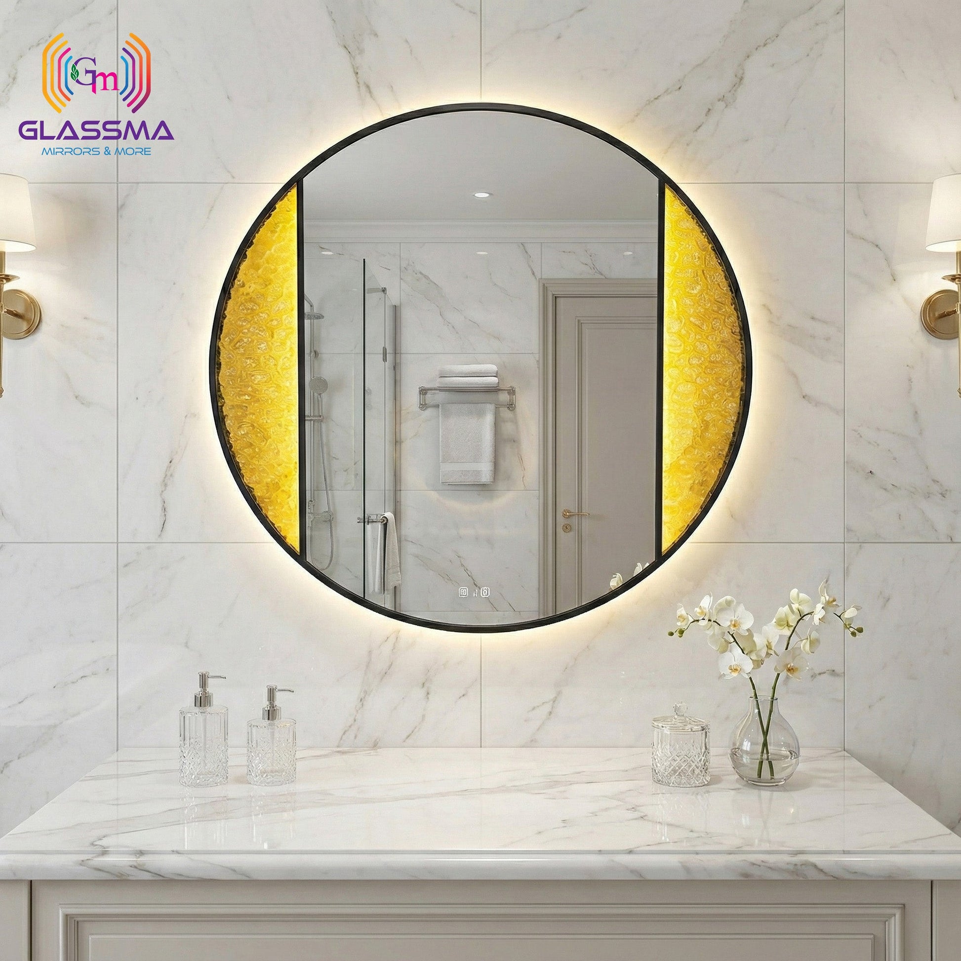 Aluminum Fusion Backlit LED Mirror | Black Round Framed Wall Mirror with Warm Glow for Living Room & Washroom Glassma