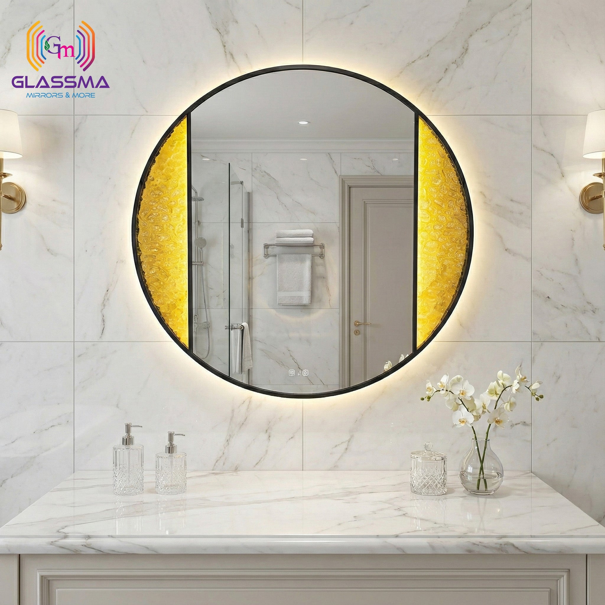 Aluminum Fusion Backlit LED Mirror | Black Round Framed Wall Mirror with Warm Glow for Living Room & Washroom Glassma