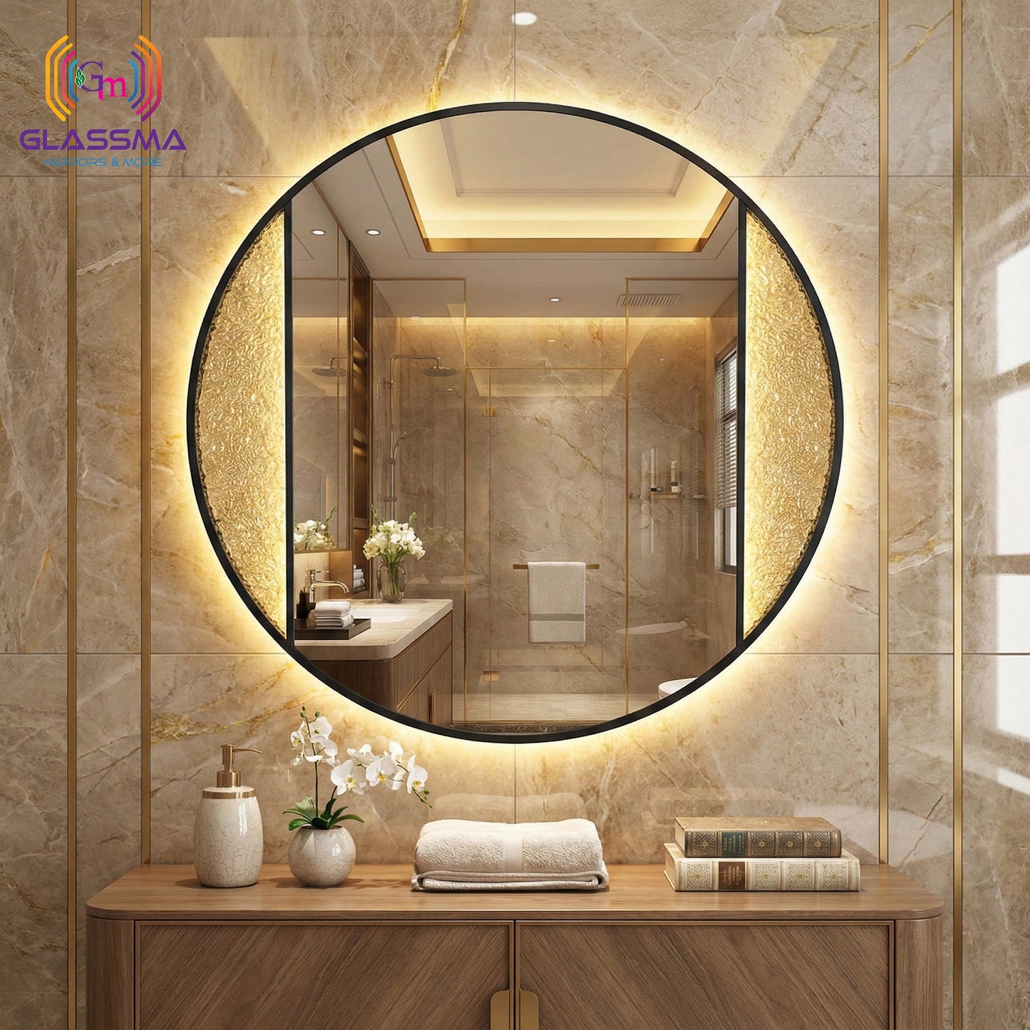 Aluminum Fusion Backlit LED Mirror | Black Round Framed Wall Mirror with Warm Glow for Living Room & Washroom Glassma