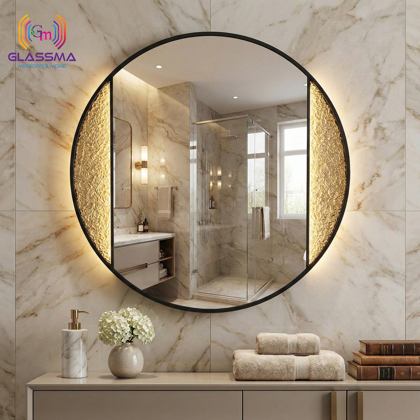 Aluminum Fusion Backlit LED Mirror | Black Round Framed Wall Mirror with Warm Glow for Living Room & Washroom Glassma