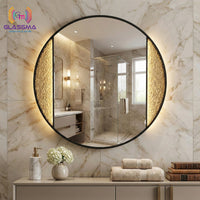 Aluminum Fusion Backlit LED Mirror | Black Round Framed Wall Mirror with Warm Glow for Living Room & Washroom Glassma