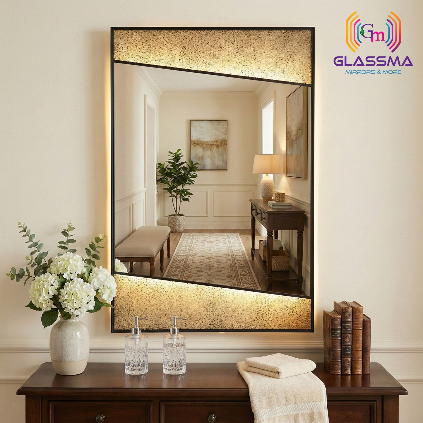 Aluminum Fusion Backlit LED Rectangular Mirror | Premium Designer Wall Mirror with Warm Ambient Lighting Glassma