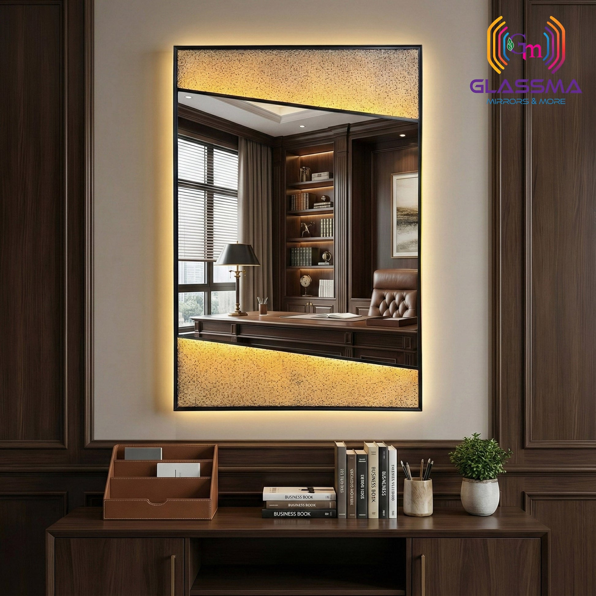 Aluminum Fusion Backlit LED Rectangular Mirror | Premium Designer Wall Mirror with Warm Ambient Lighting Glassma
