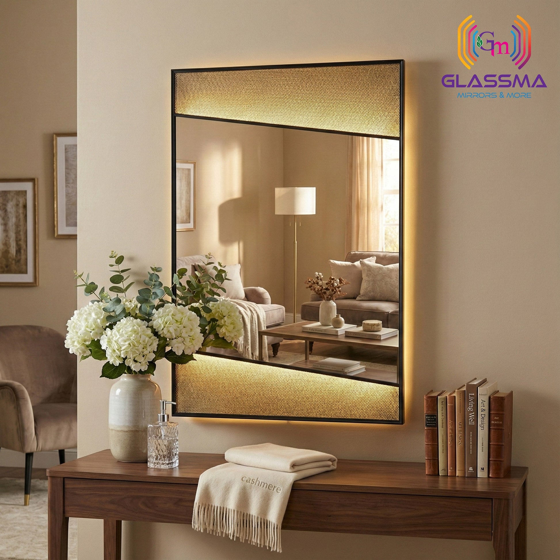 Aluminum Fusion Backlit LED Rectangular Mirror | Premium Designer Wall Mirror with Warm Ambient Lighting Glassma