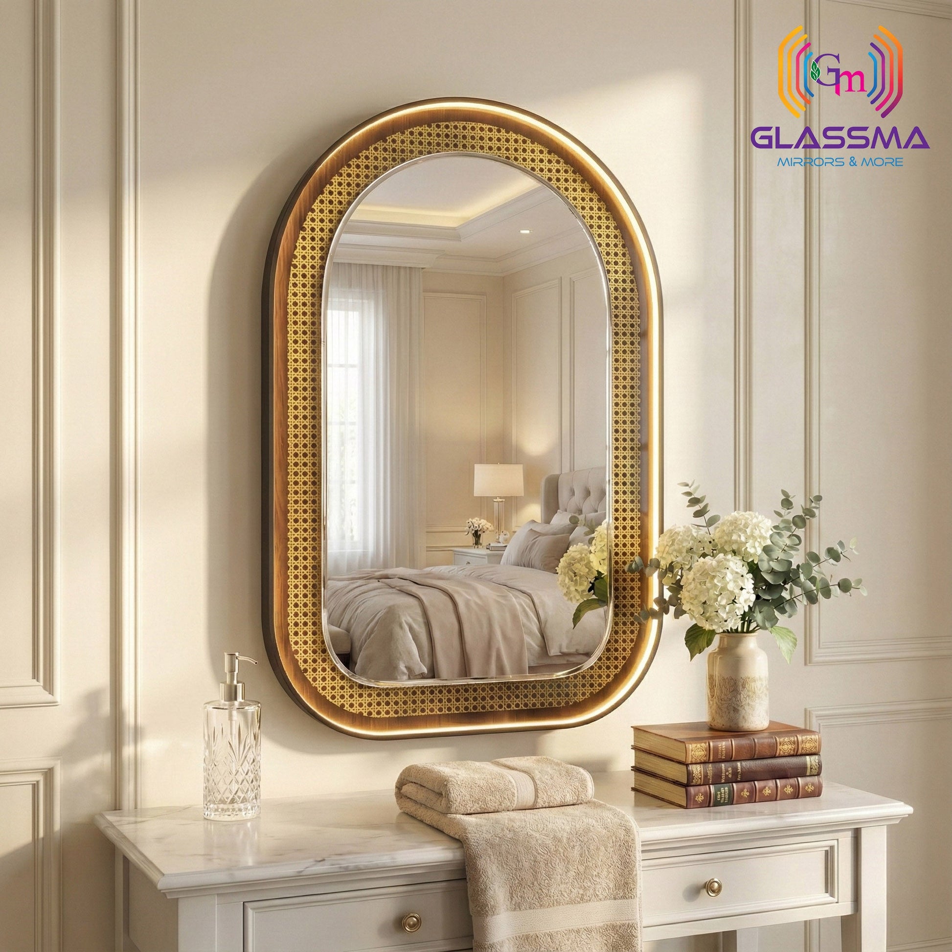 Aluminum Fusion Backlit LED Arch Mirror | Premium Arched Designer Wall Mirror with Warm Ambient Glow Glassma