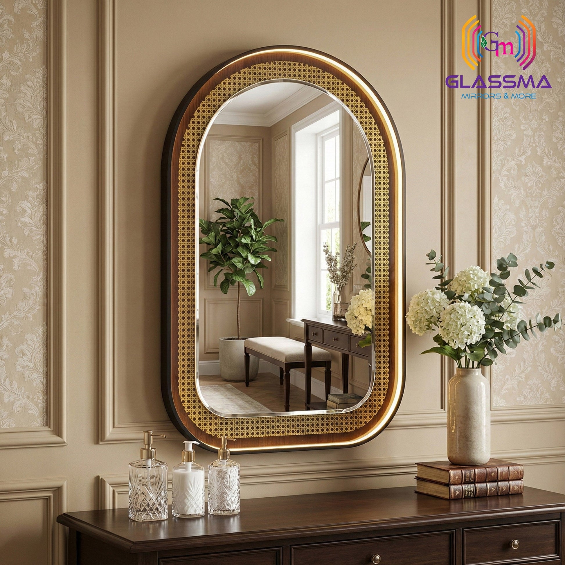 Aluminum Fusion Backlit LED Arch Mirror | Premium Arched Designer Wall Mirror with Warm Ambient Glow Glassma