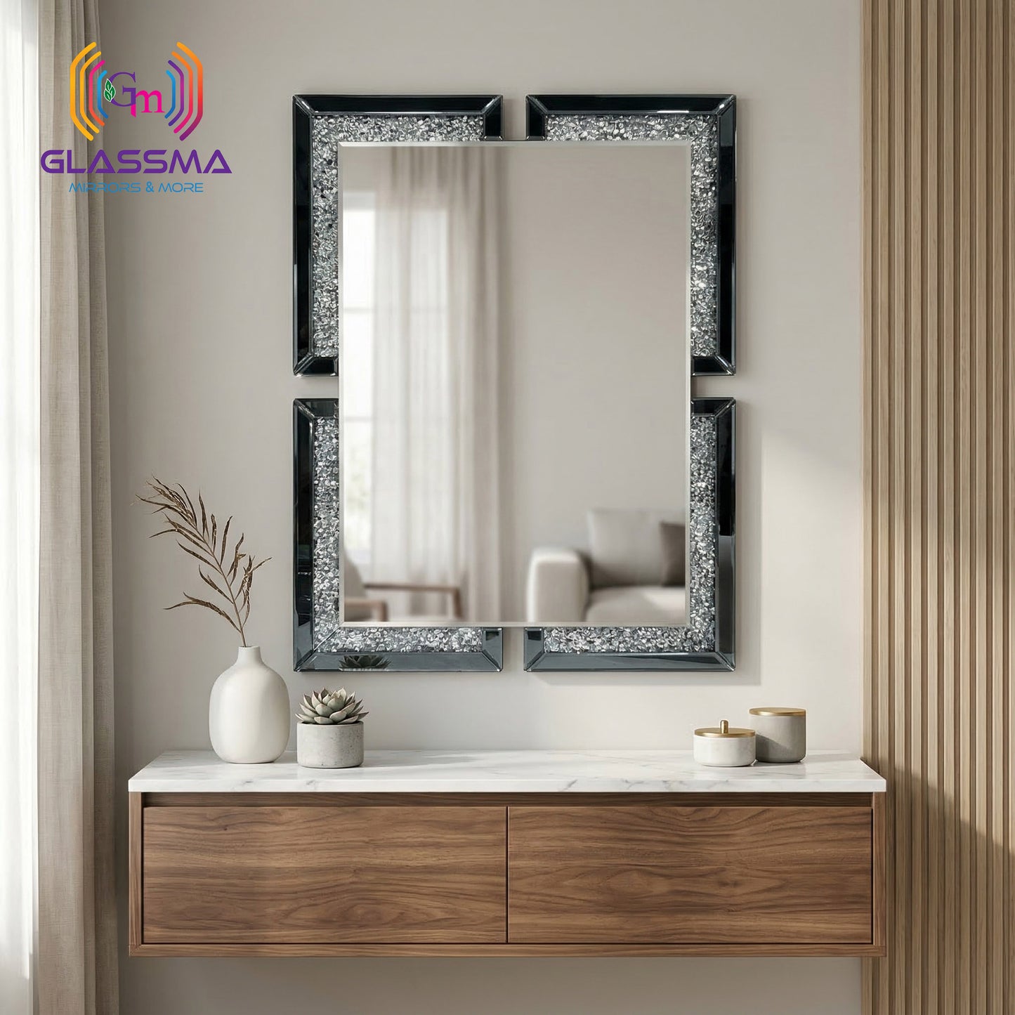 Luxury Diamond Wall Mirror | Crystal Designer Black Frame Wall Mirror
