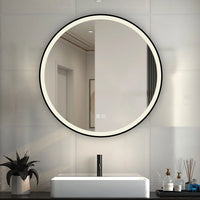 Round LED Bathroom Mirror with Black Aluminum Frame Front-Lit Vanity Mirror