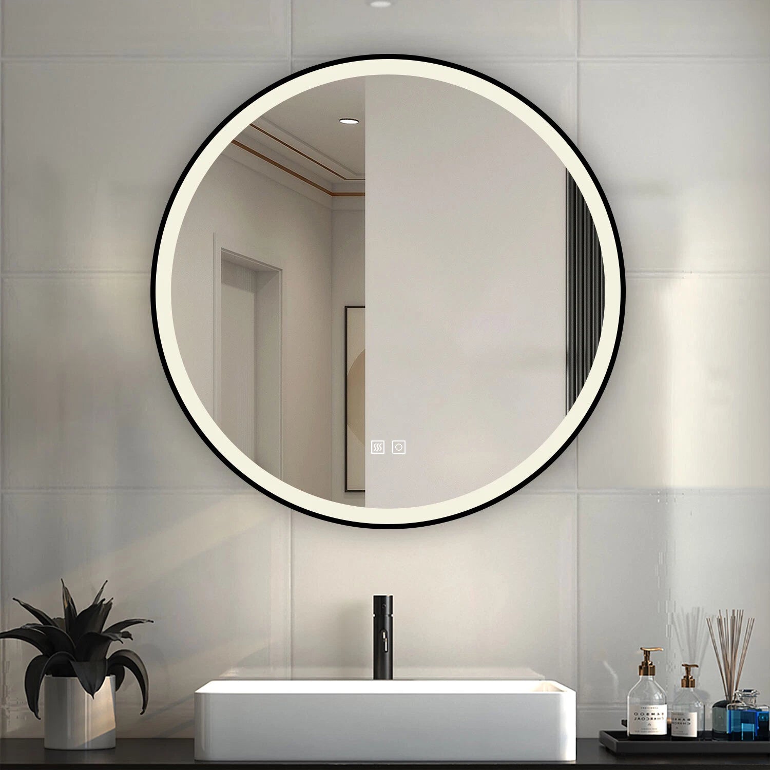 Round LED Bathroom Mirror with Black Aluminum Frame Front-Lit Vanity Mirror