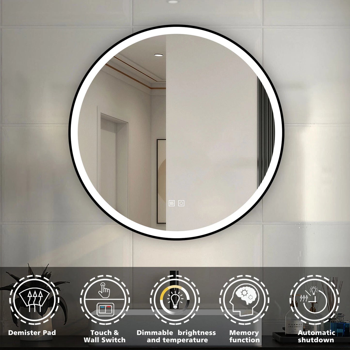 Round LED Bathroom Mirror with Black Aluminum Frame Front-Lit Vanity Mirror