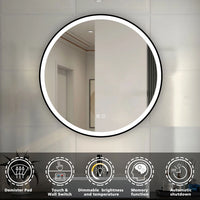 Round LED Bathroom Mirror with Black Aluminum Frame Front-Lit Vanity Mirror
