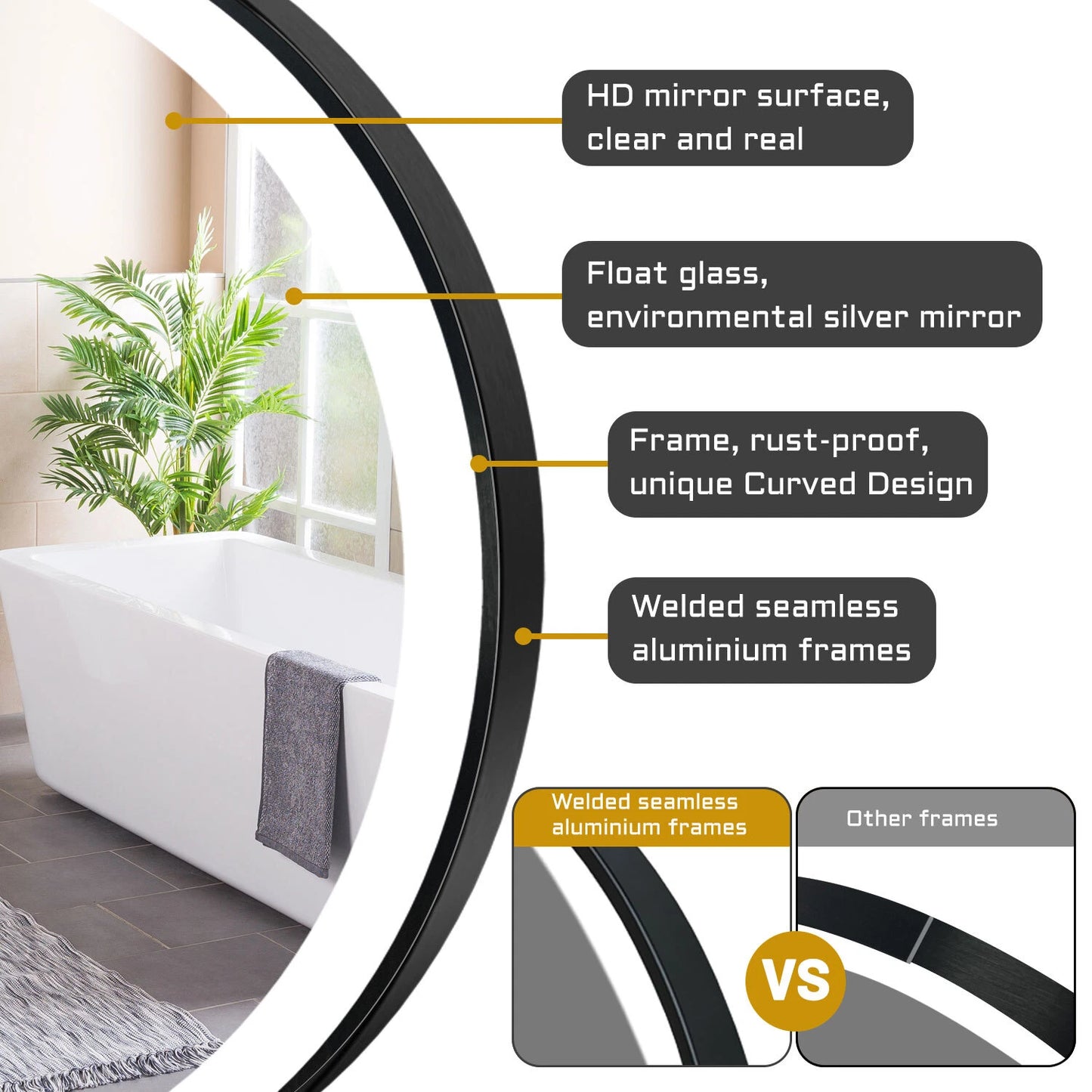 Round LED Bathroom Mirror with Black Aluminum Frame Front-Lit Vanity Mirror