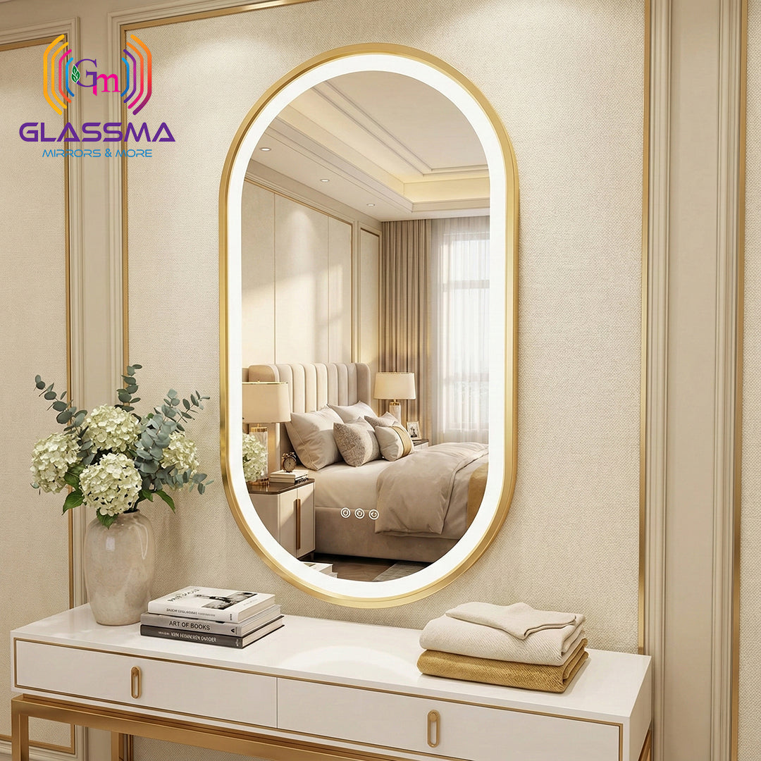 Front-Lit Oval Capsule LED Mirror - Gold Frame Bathroom Vanity Mirror