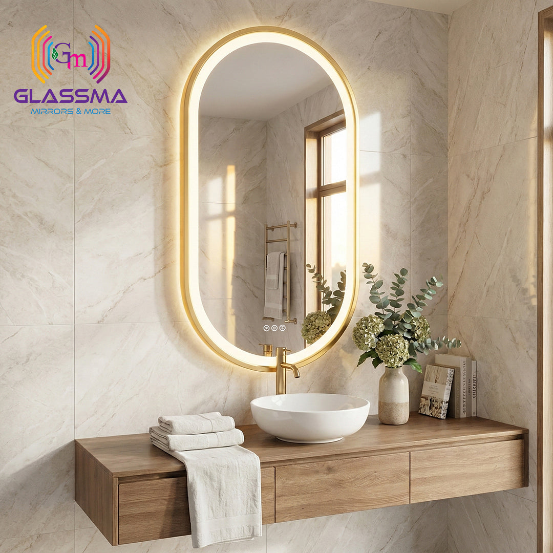 Front-Lit Oval Capsule LED Mirror - Gold Frame Bathroom Vanity Mirror