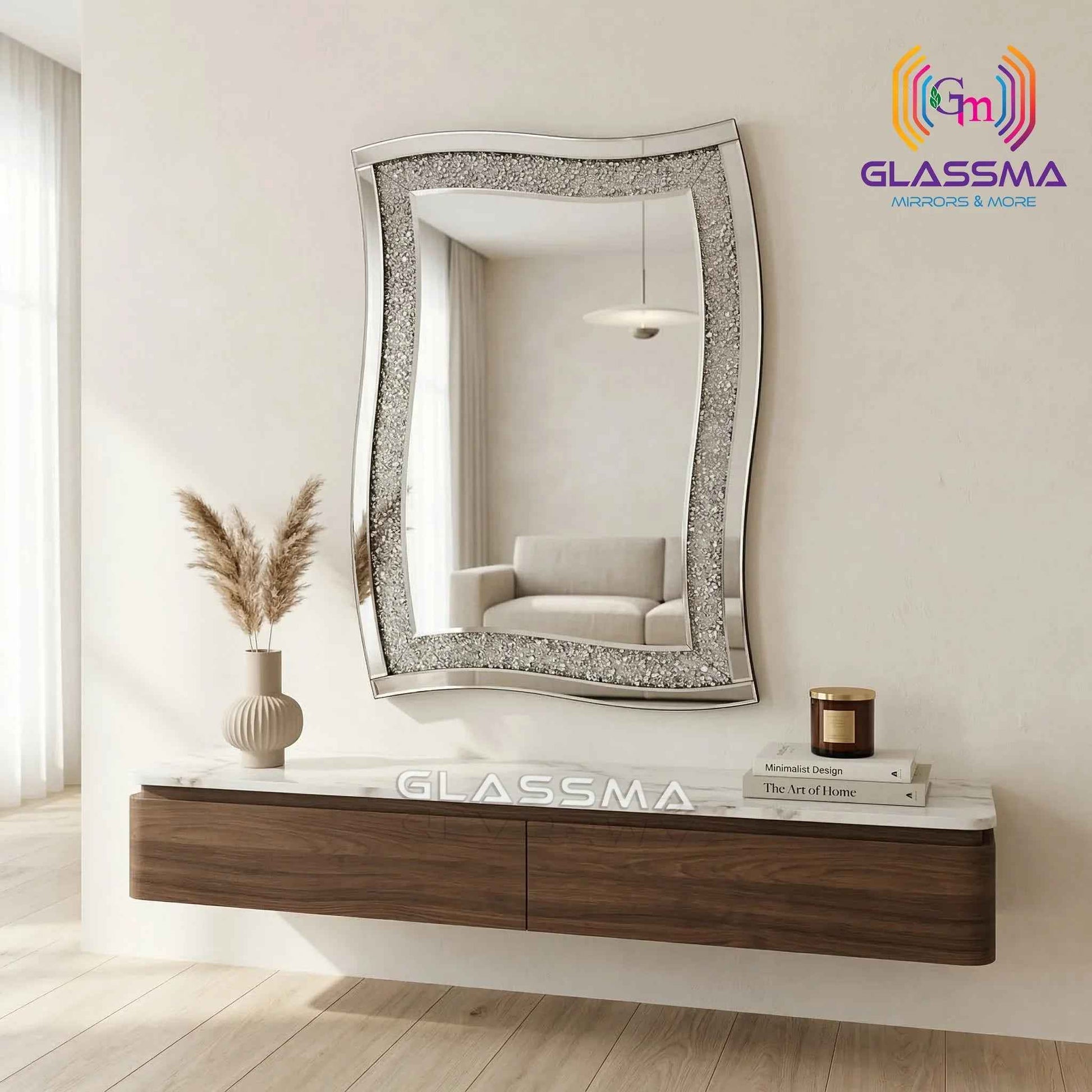Diamond Decorative Wall Mirror - Luxury Crystal Inlay Designer Mirror - Glassma